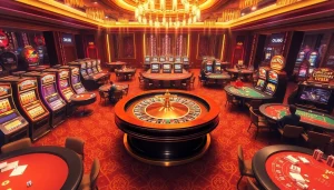 Exciting casino scene showcasing luxury with OK8386 themed roulette and lively gaming tables.