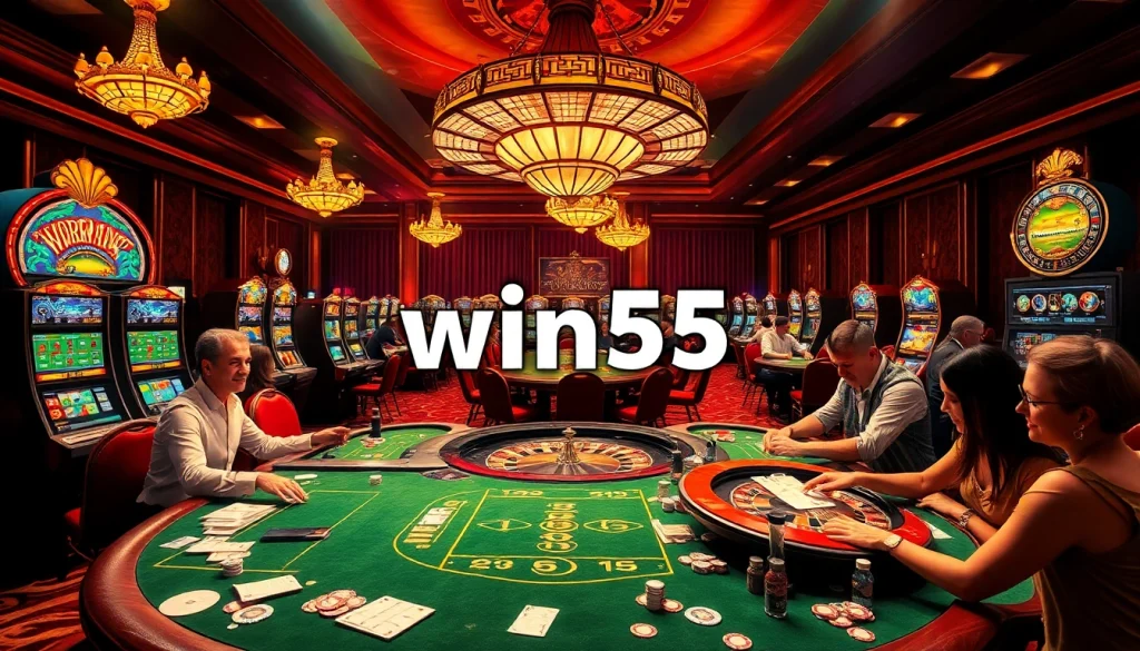 Players celebrating their wins at casino games like poker and slots at win55.