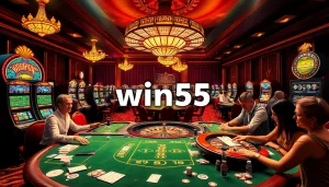 Players celebrating their wins at casino games like poker and slots at win55.