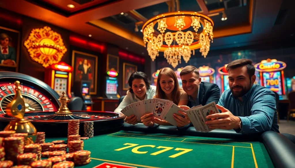 Experience the thrill of 7C77 Casino with players enjoying poker at a vibrant table.