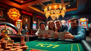 Experience the thrill of 7C77 Casino with players enjoying poker at a vibrant table.