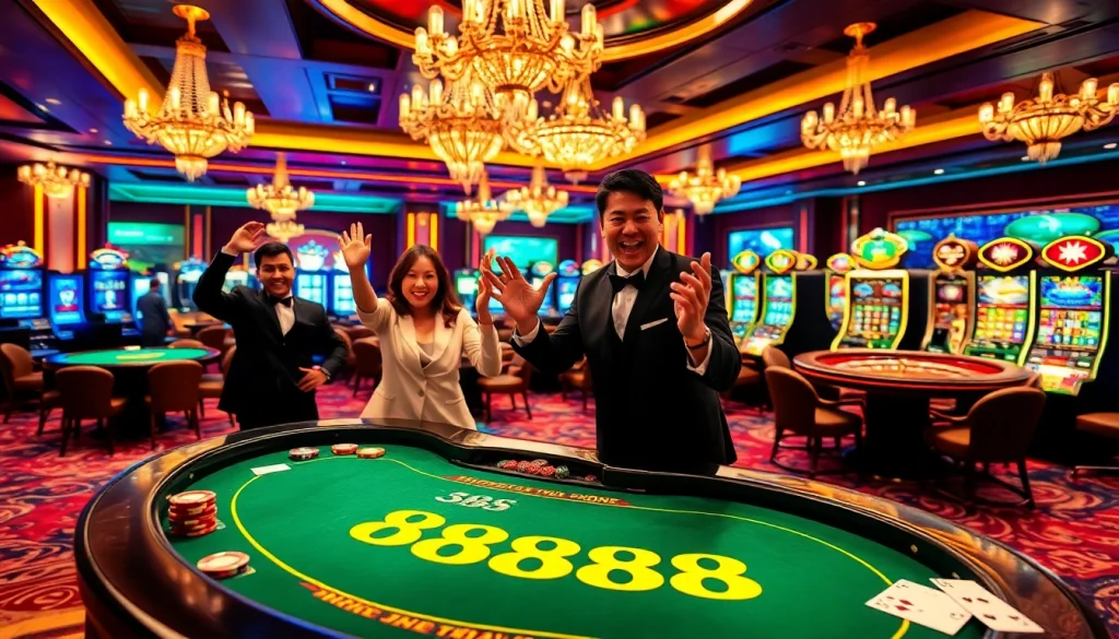 Experience the excitement of BJ 888 at a luxurious casino table with players engaged in high-stakes action.