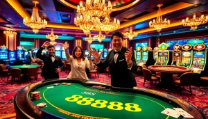 Experience the excitement of BJ 888 at a luxurious casino table with players engaged in high-stakes action.
