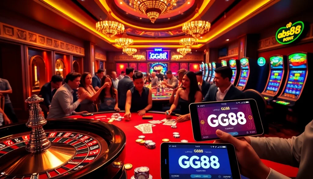 Players engaging with the GG88 platform at a vibrant casino scene filled with excitement and luxury.