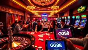 Players engaging with the GG88 platform at a vibrant casino scene filled with excitement and luxury.
