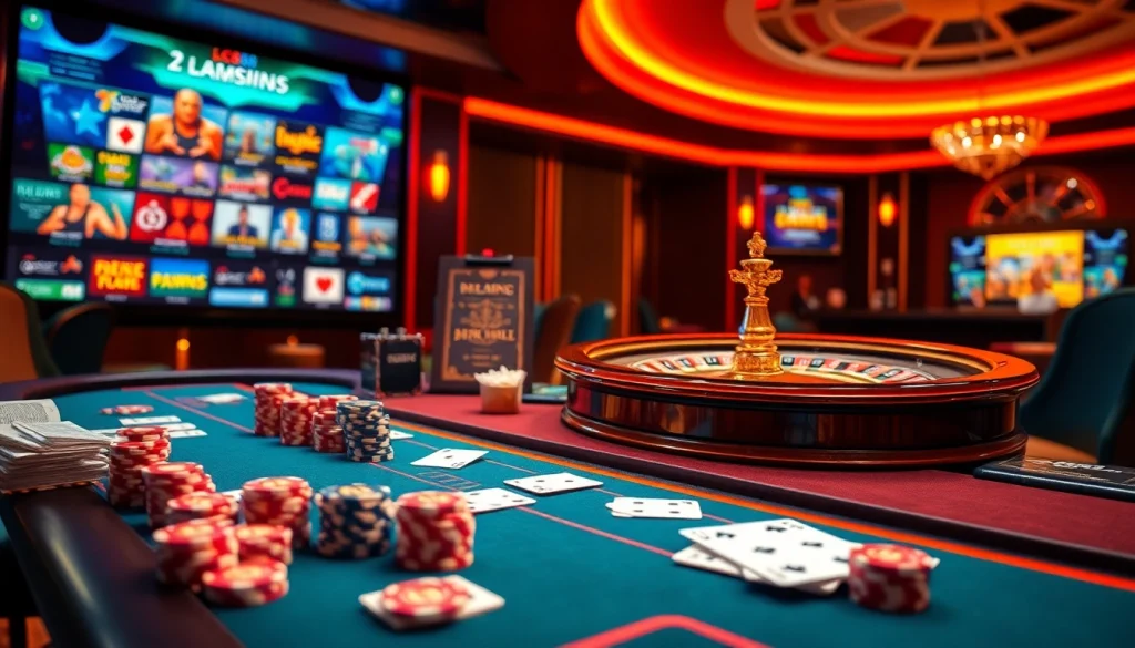 Experience online gambling at https://lc88app.com/ with an exciting casino scene showcasing vibrant game elements.