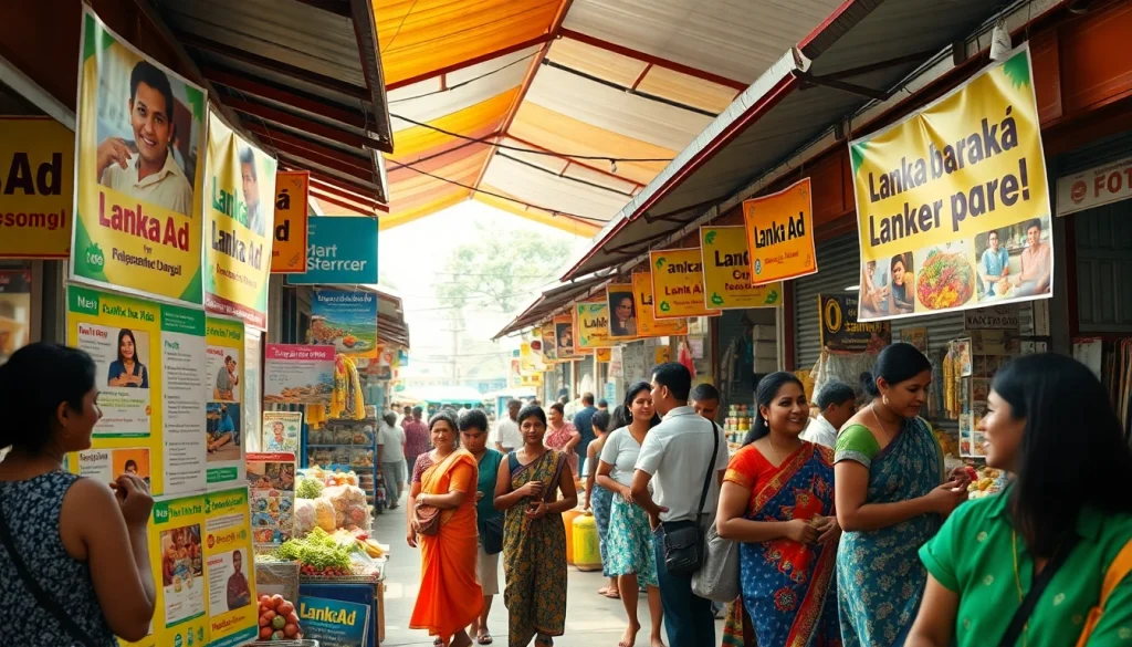 Lanka Ad marketplace in Sri Lanka showcasing vibrant stalls and community interactions.