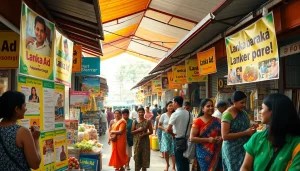 Lanka Ad marketplace in Sri Lanka showcasing vibrant stalls and community interactions.