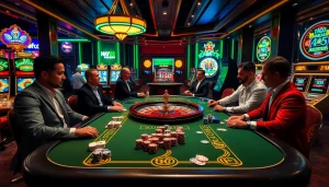 Gambling at hay88 casino with vibrant slot machines and a live poker table.