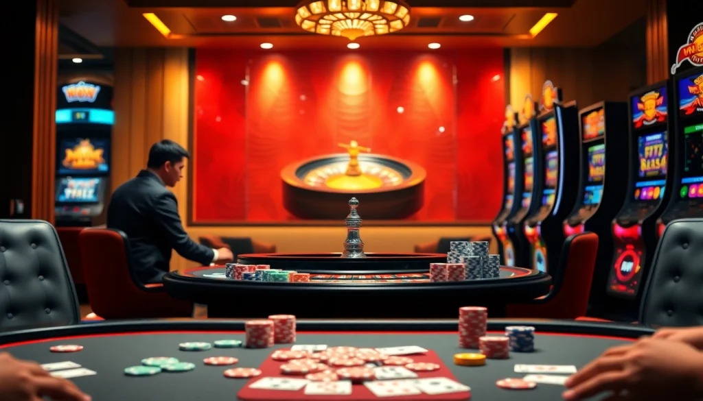 Gamblers enjoying an exciting gaming experience at nhà cái xx88 online casino, featuring vibrant poker and roulette action.