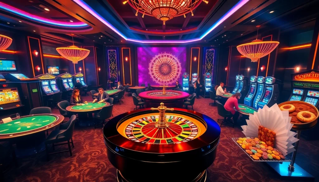 Rasakan sensasi permainan kasino melalui visual menakjubkan yang menampilkan meja-meja berwarna cerah dan hidangan menu King Arthur Cafe.