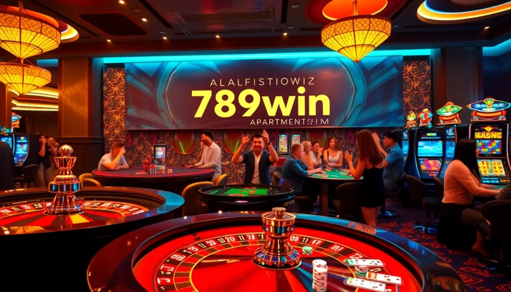 Captivating casino atmosphere at https://789win.apartments/, featuring vibrant roulette wheels and excited players.