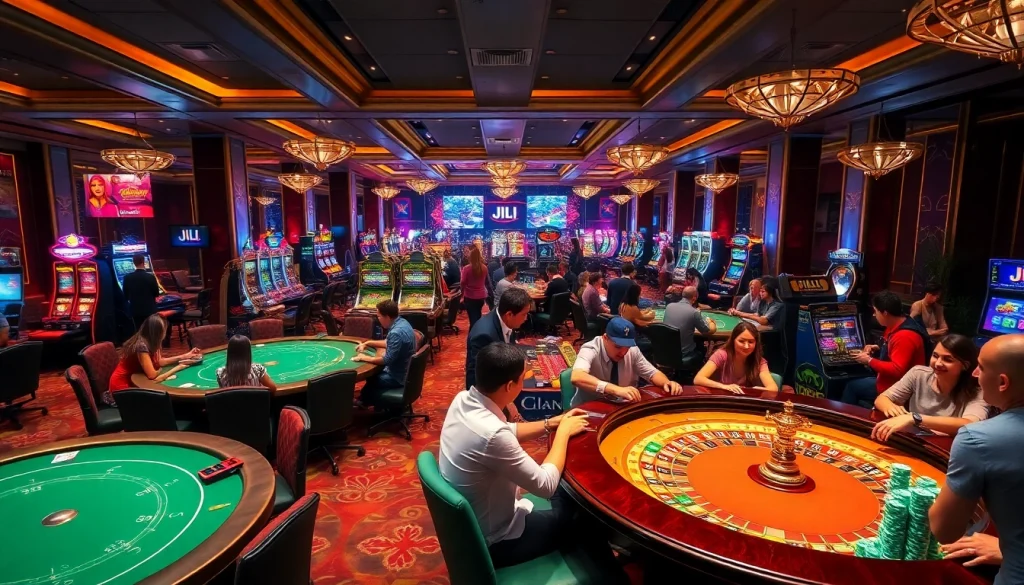 Players enjoy engaging casino games with JILI branding, showcasing vibrant slot machines and exciting tables.