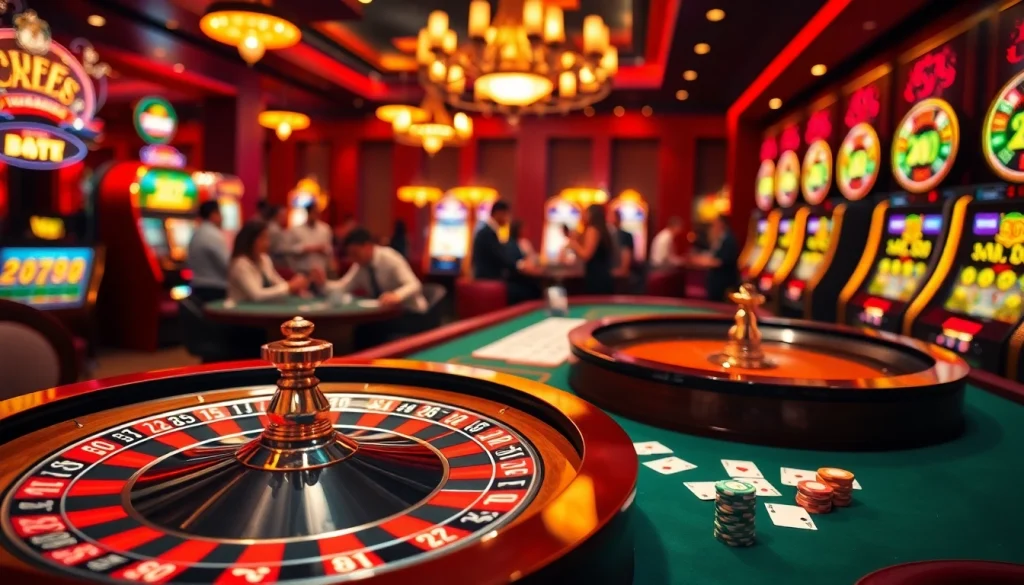 Experience the thrill of Hi8823 with a vibrant casino scene featuring roulette, poker chips, and excited players.