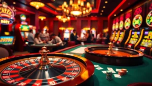 Experience the thrill of Hi8823 with a vibrant casino scene featuring roulette, poker chips, and excited players.