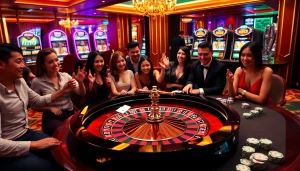 Excited players engaging at a roulette table, highlighting the thrill of new88bet's casino experience.