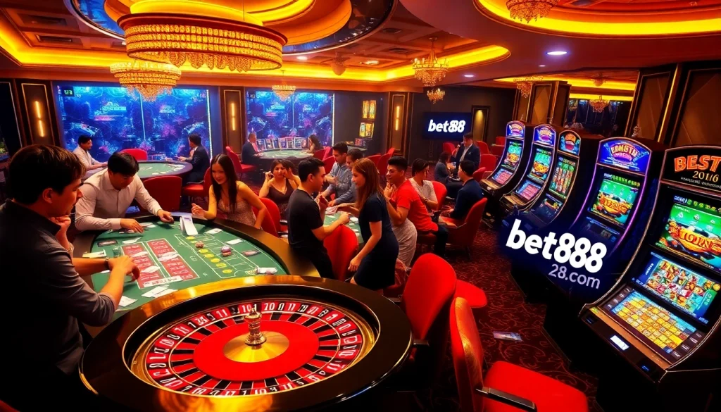 Engage with the excitement of casino gaming at bet88.com, showcasing a lively roulette table and luxurious atmosphere.