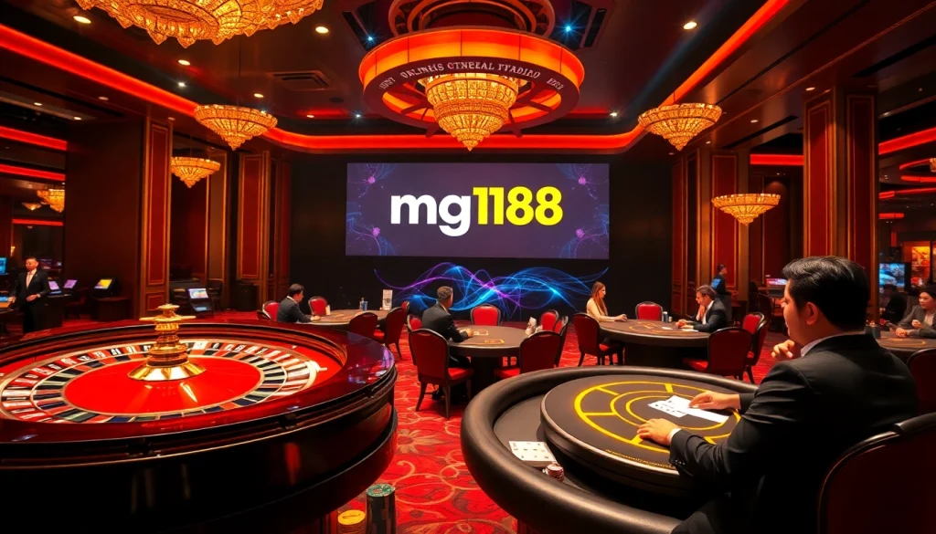 A thrilling casino scene featuring mg188 with elegant tables and players immersed in gameplay.