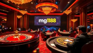 A thrilling casino scene featuring mg188 with elegant tables and players immersed in gameplay.