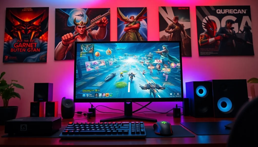 Bermain qqmacan game dengan semangat di setup gaming modern yang energik dan penuh warna.