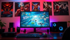 Bermain qqmacan game dengan semangat di setup gaming modern yang energik dan penuh warna.