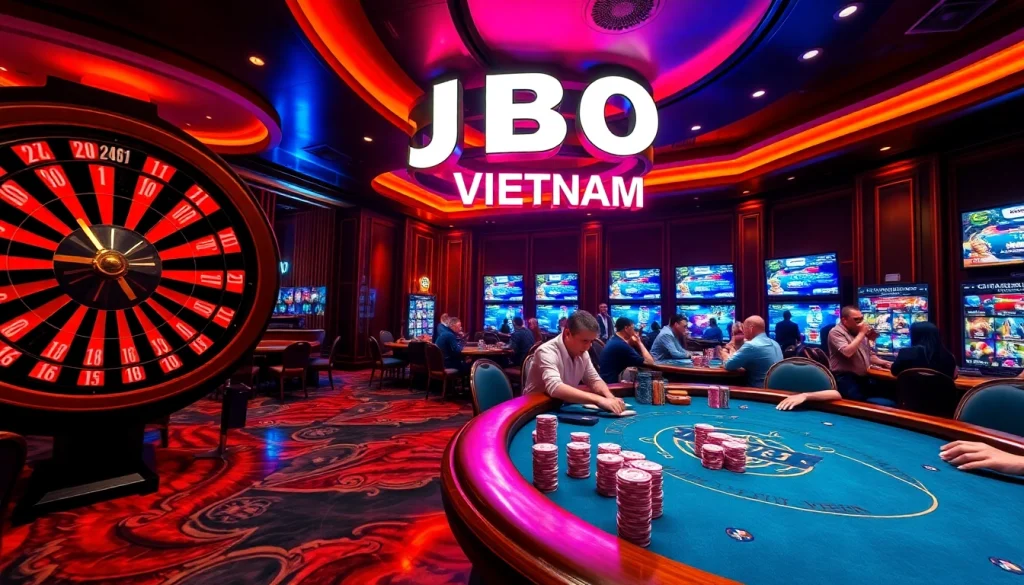 Engage with JBO Vietnam at a luxurious poker table amidst a vibrant casino scene filled with excitement.