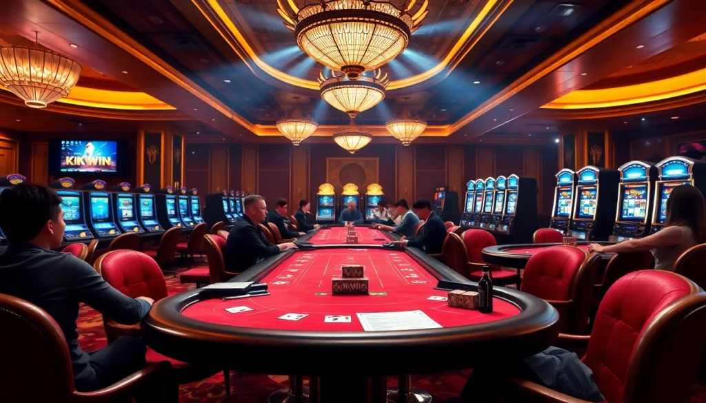 Players enjoying poker at a vibrant casino featuring kkwin branding, showcasing excitement and luxury.