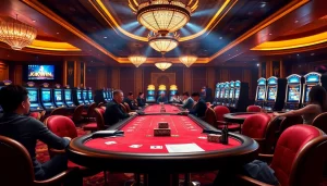 Players enjoying poker at a vibrant casino featuring kkwin branding, showcasing excitement and luxury.