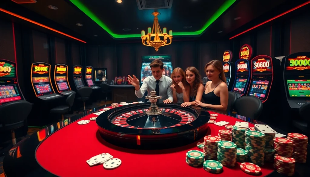 A thrilling scene at the online casino 888 new, showcasing excited players around a roulette table and colorful slot machines.