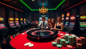 A thrilling scene at the online casino 888 new, showcasing excited players around a roulette table and colorful slot machines.