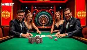 Animated gamblers experiencing the thrill of WINBET at a luxurious casino poker table.