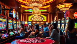 Excited players enjoying different slot machines at a luxurious 슬롯사이트 casino.