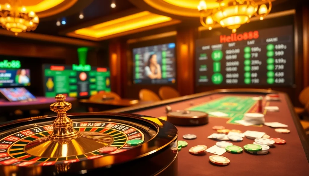 Hello88 online gambling experience with a vibrant casino table featuring poker chips and playing cards.