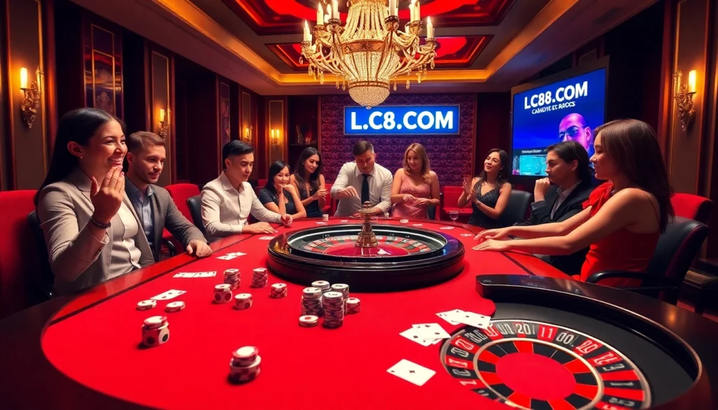 Engaged players at a luxurious casino table, featuring the vibrant atmosphere of LC88.COM.
