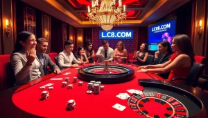 Engaged players at a luxurious casino table, featuring the vibrant atmosphere of LC88.COM.
