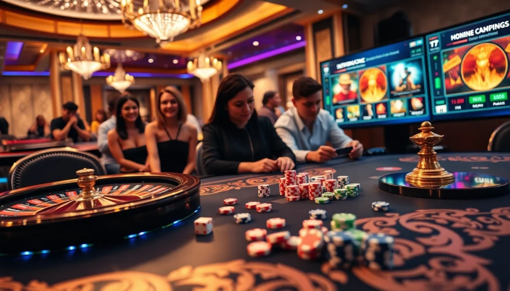 KJC casino scene showcasing poker chips and a roulette wheel for an exciting gaming experience.
