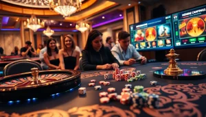 KJC casino scene showcasing poker chips and a roulette wheel for an exciting gaming experience.