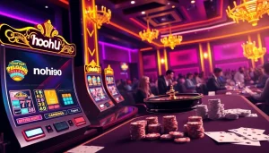 Nohu90 casino interface featuring vibrant slot machines and poker chips in action.