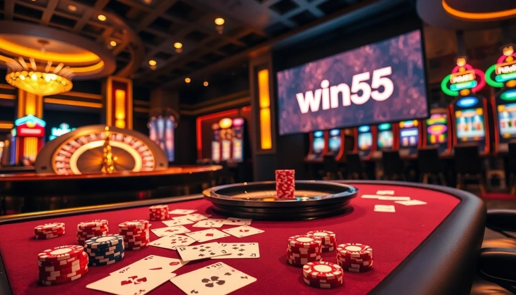 Experience the excitement of win55 with a vibrant casino scene featuring poker, roulette, and slot machines.