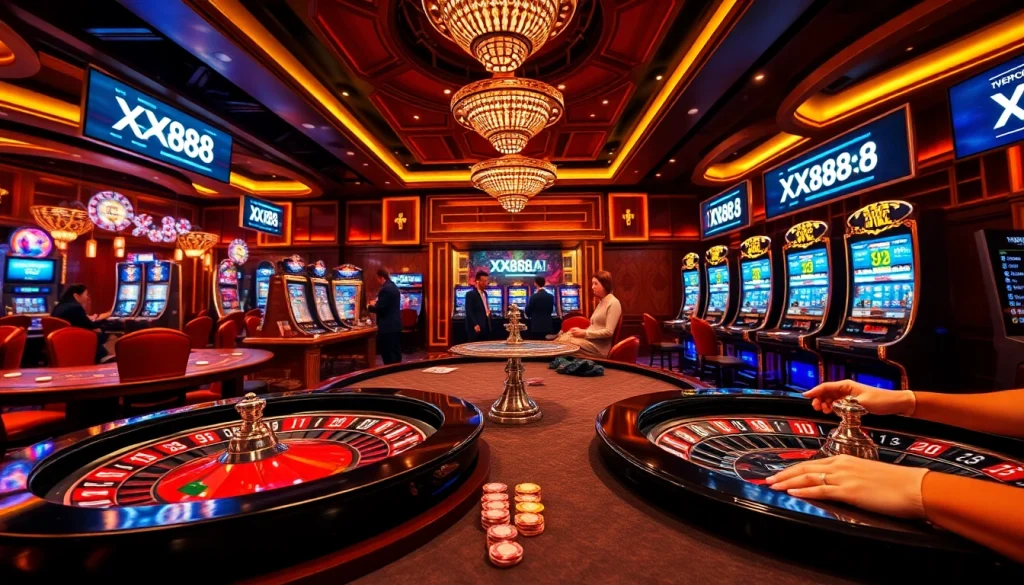 Betting excitement at XX88.AI's luxurious casino tables with cards and chips.