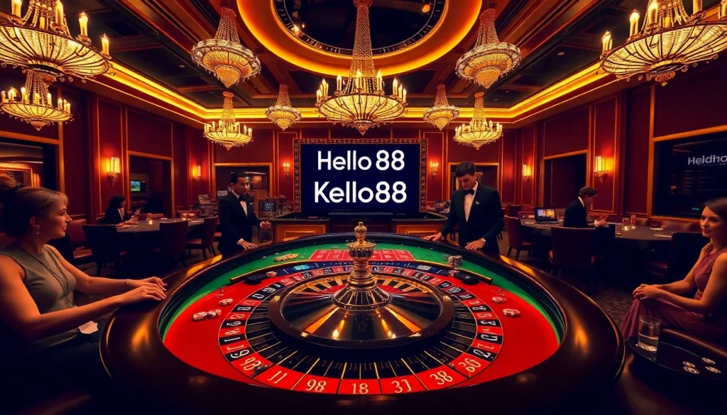 Hello88 casino scene showcasing an exciting roulette table with players placing bets and colorful chips.