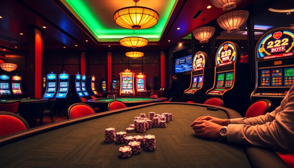 Exciting scene of players at a nhà cái uy tín casino table showcasing high-stakes poker action.