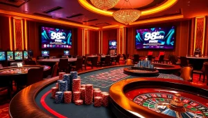 Experience the thrill of gambling with 98win's exciting casino visuals showcasing poker chips and games.