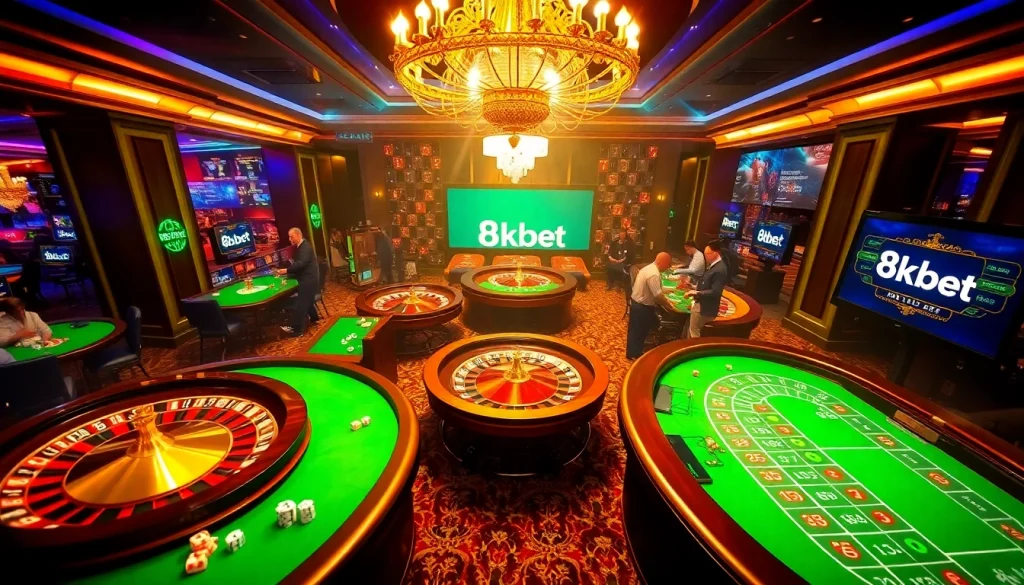 High-energy casino scene with 8kbet branding, showcasing poker and roulette action.