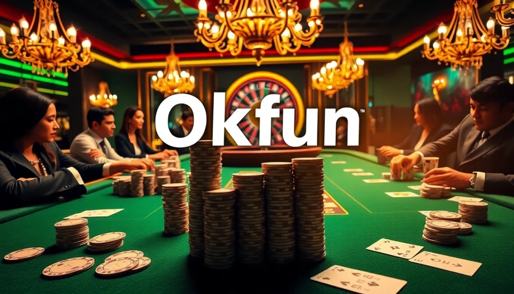 Engage in thrilling casino gameplay with Okfun as players strategize over a luxurious poker table.