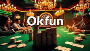 Engage in thrilling casino gameplay with Okfun as players strategize over a luxurious poker table.