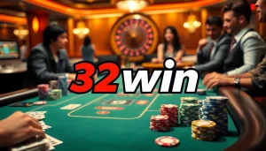 Engage in thrilling poker action with 32win com at a luxurious casino table featuring vibrant cards and chips.