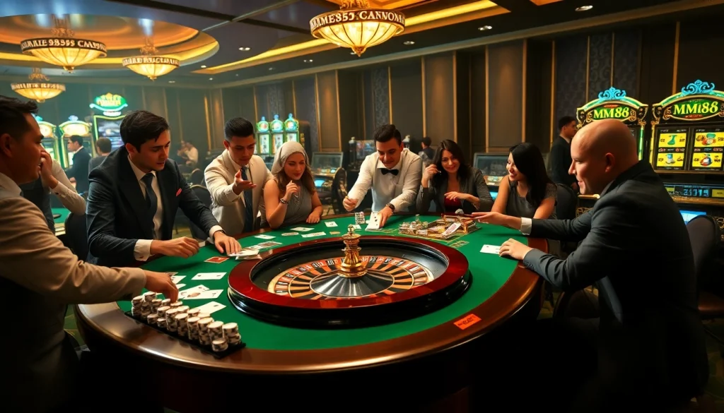 Players enjoying an exhilarating game at the MM88 casino table with vibrant gaming elements.