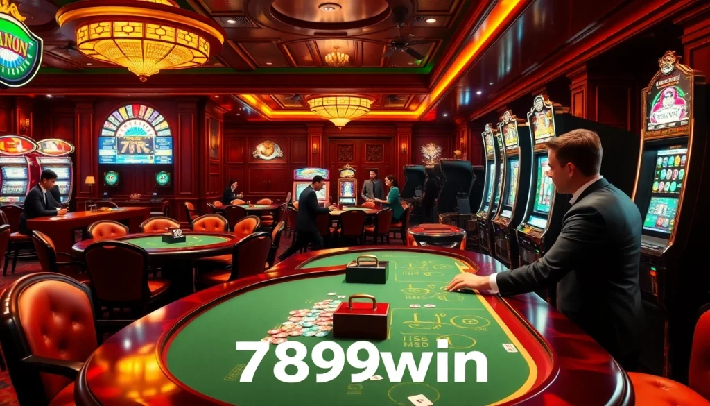 Exciting gambling scene at 789win with players at slot machines and poker tables.