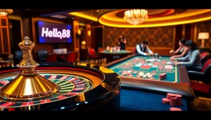 Hello88 gambling experience featuring a roulette wheel and poker chips in a luxury casino setting.
